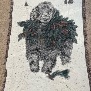 Puppy dog Christmas tapestry throw blanket with fringe Newfoundland snow vintag